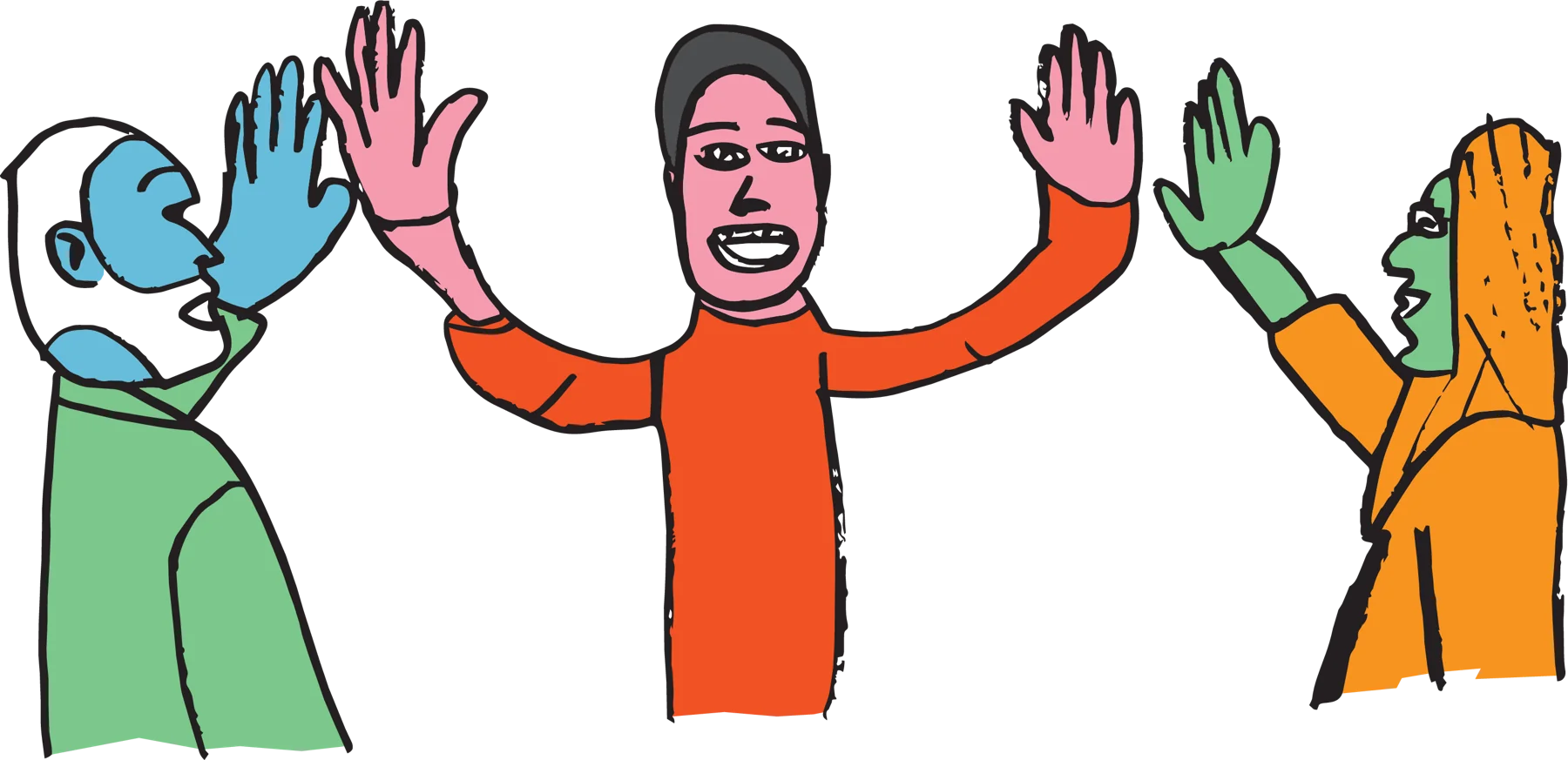 Four people in bright colours raise their hands for a high five.