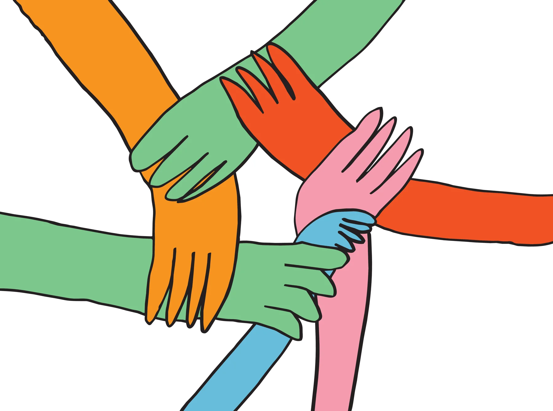 Four arms in different colours grip each other’s wrists in a square.