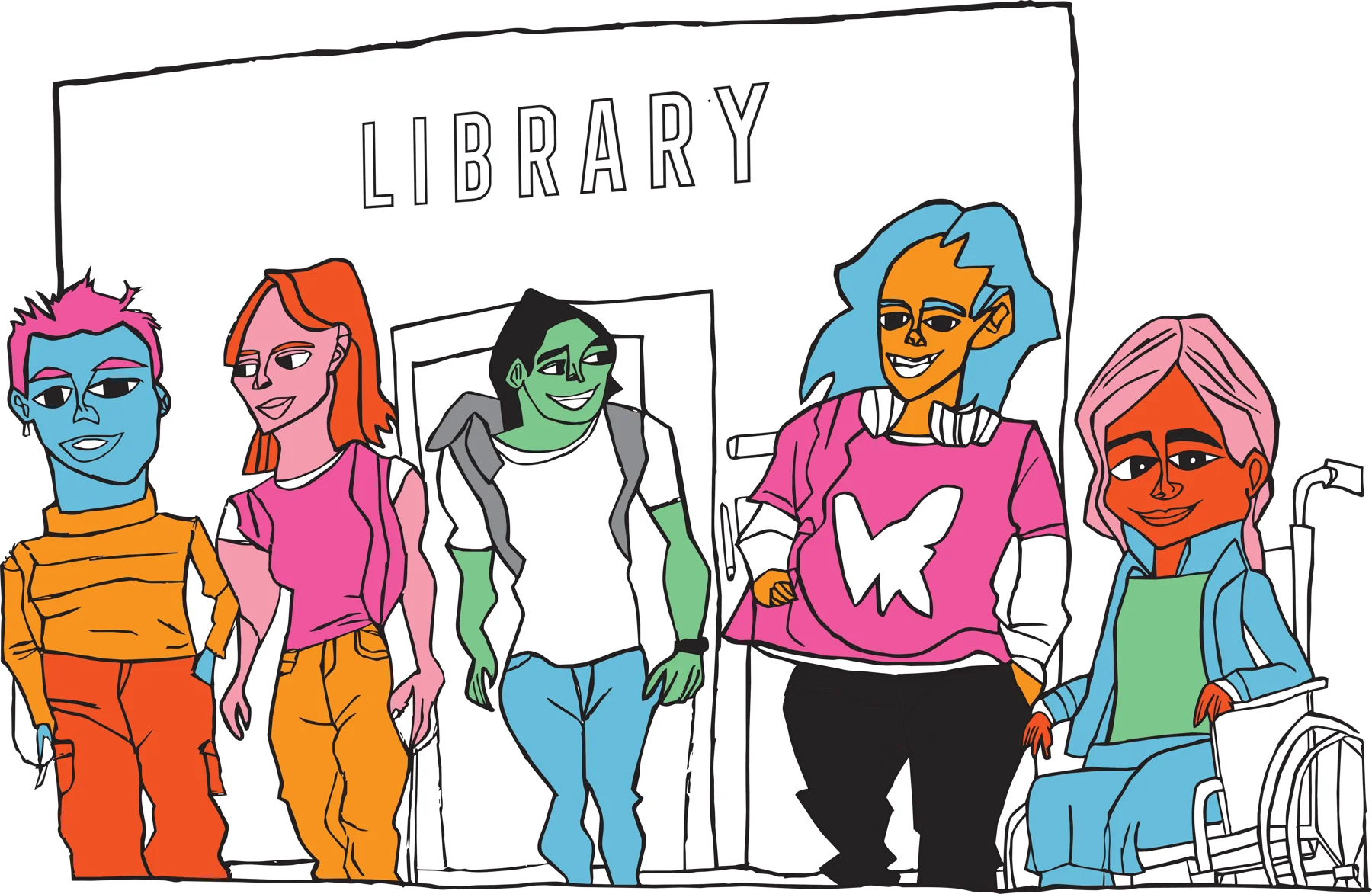 Five people, one using a wheelchair, walk together under a LIBRARY sign.