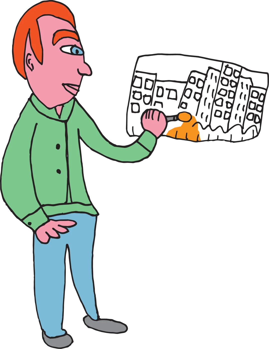 A person holds up a sheet of artwork showing a city skyline.