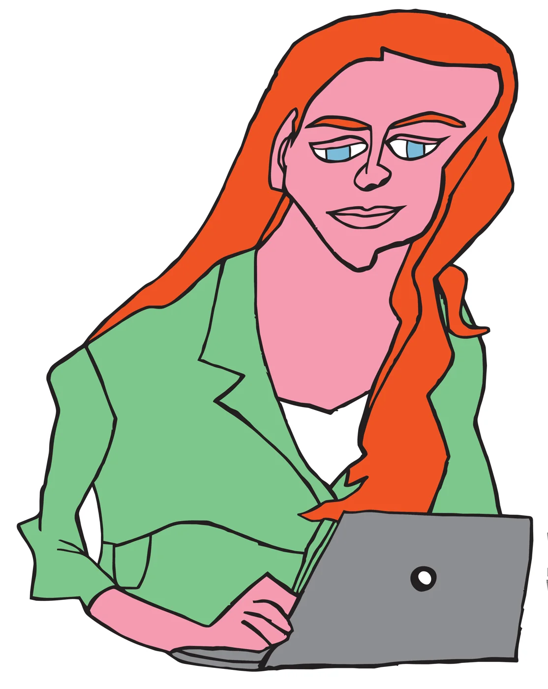 A reporter with long red hair types on a laptop.