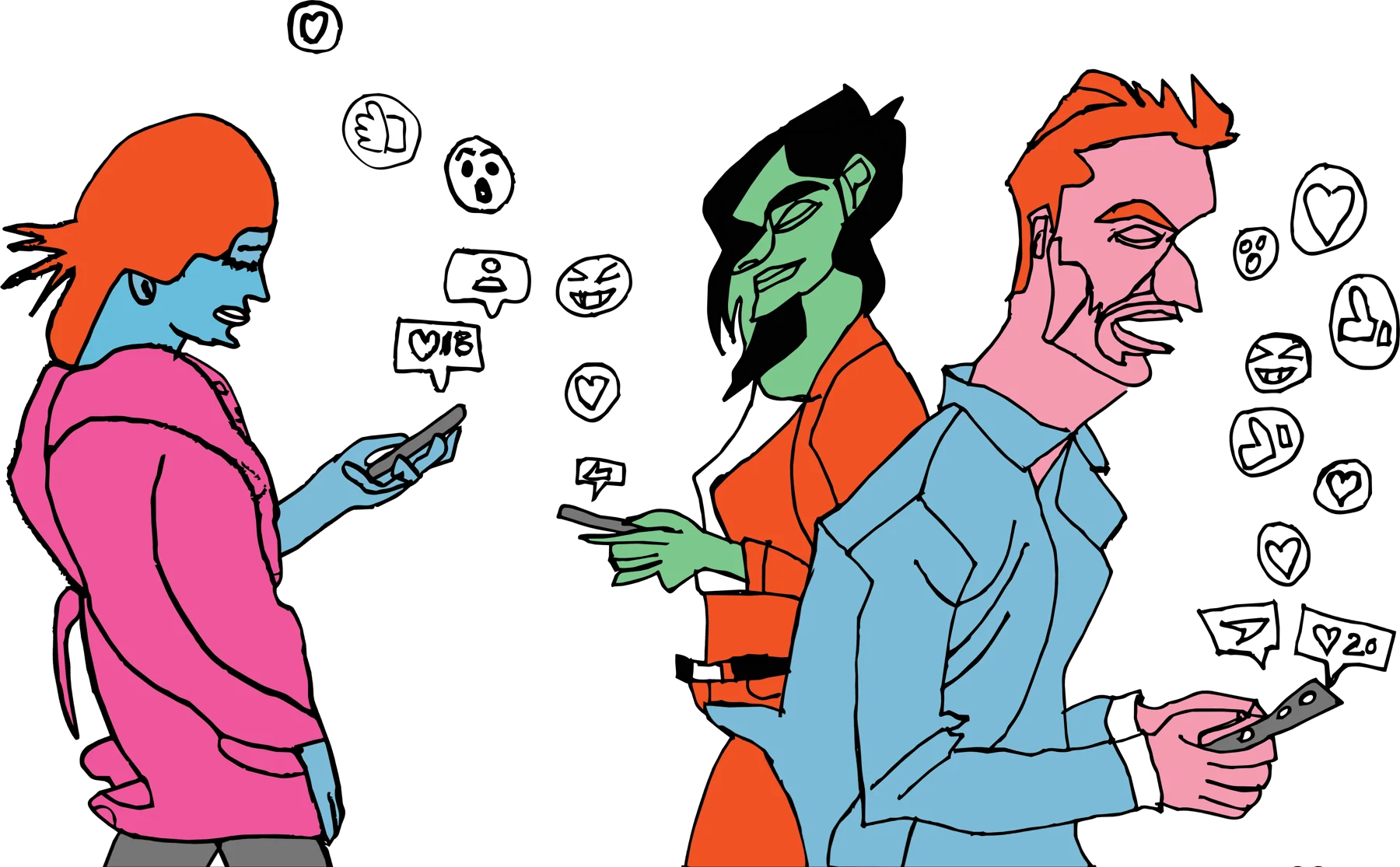 Four people look at their phones while likes, hearts and comments float around them.