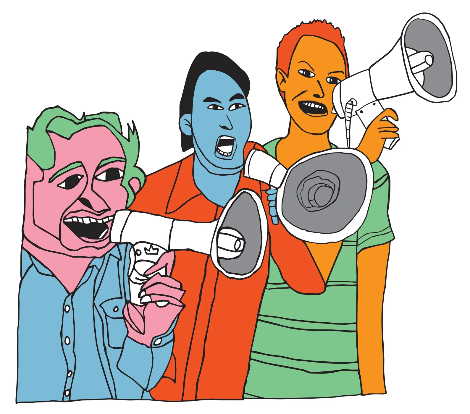 Three people shout through megaphones.