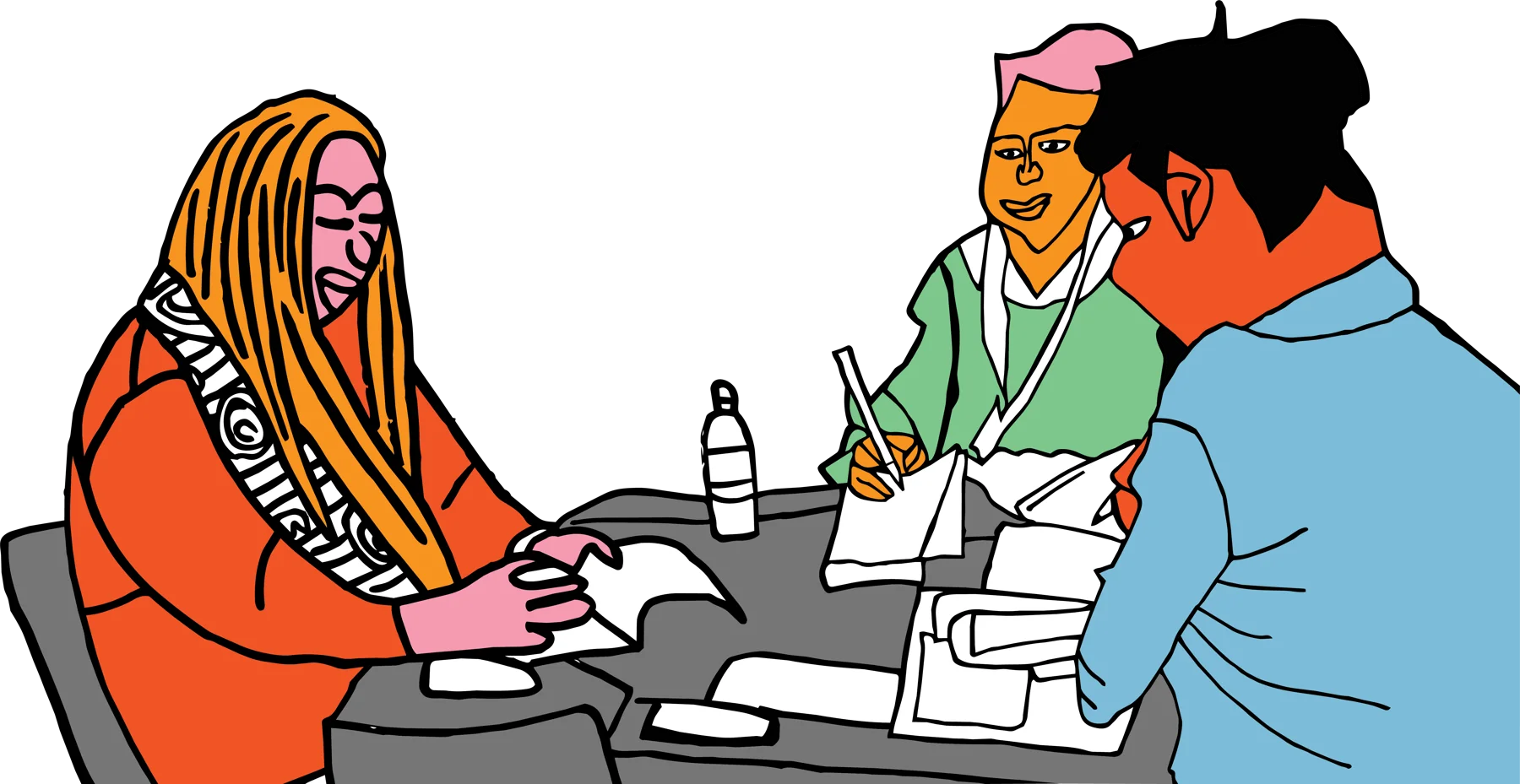 Three people write together around a table with drinks and notebooks.