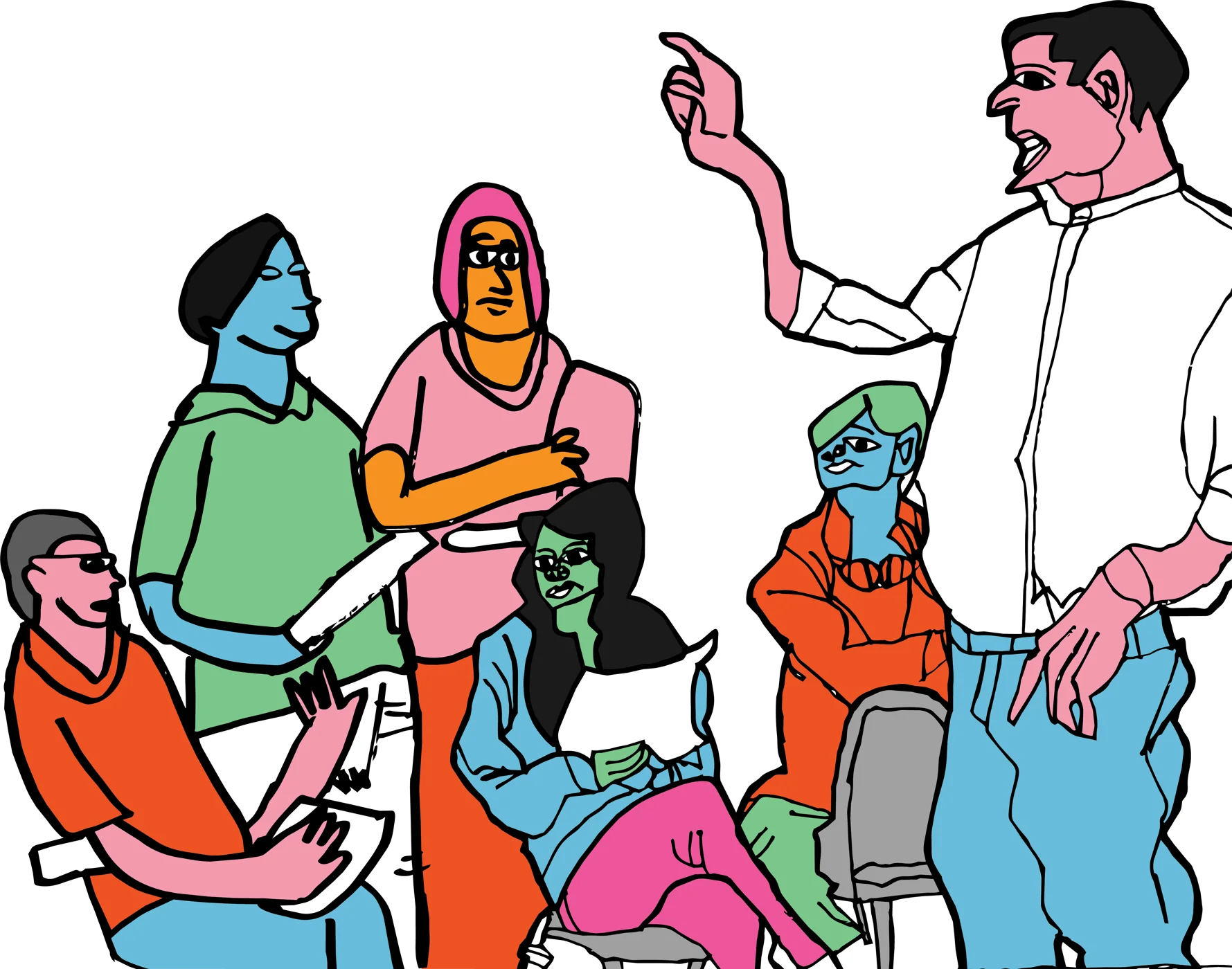 A group rehearses: one person stands and gestures while others read from scripts.