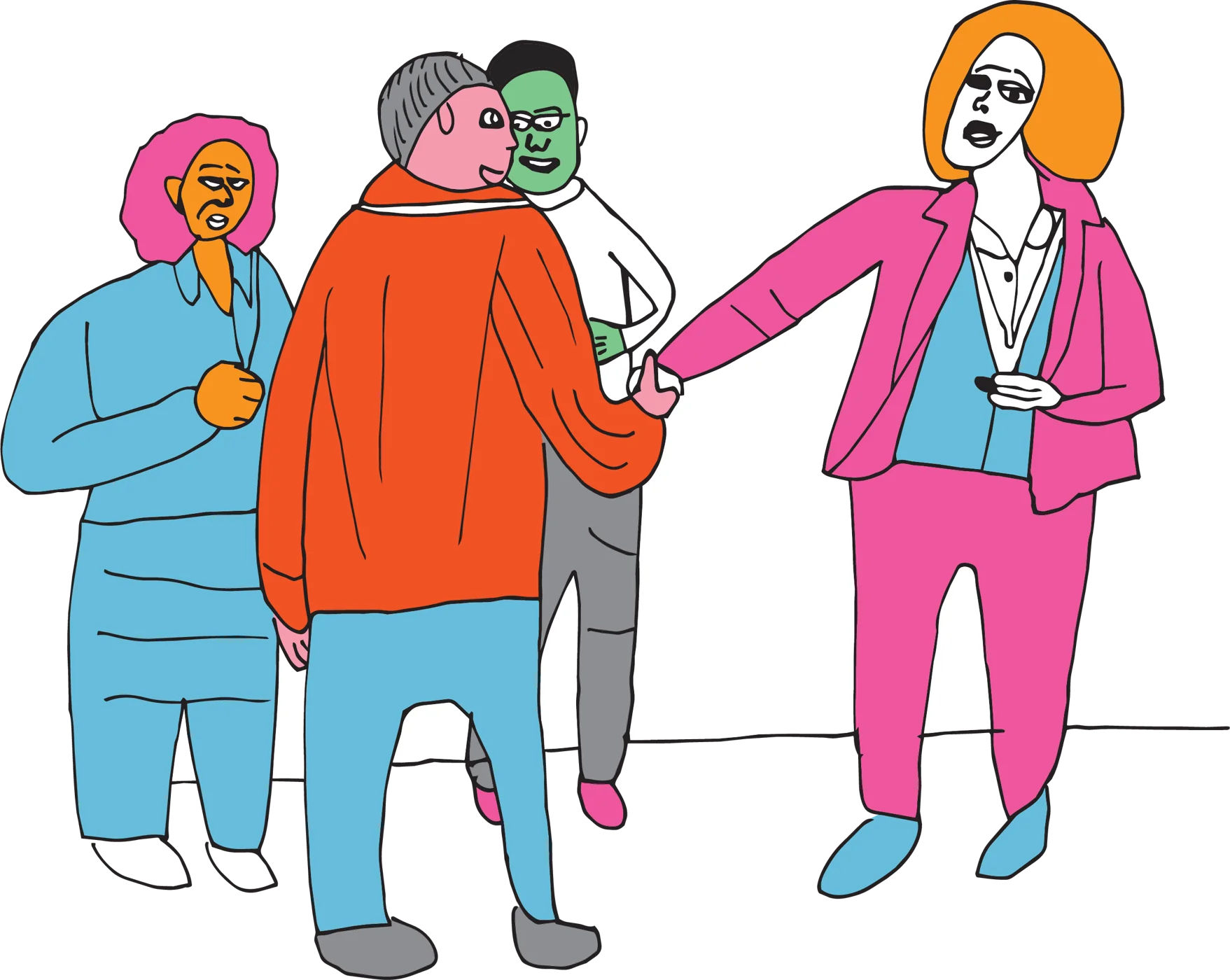 Four people in bright colours greet each other; one reaches out to shake hands.