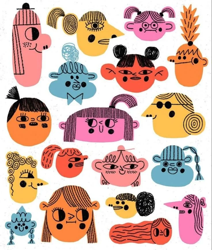 A grid of many different smiling faces in bright colours.