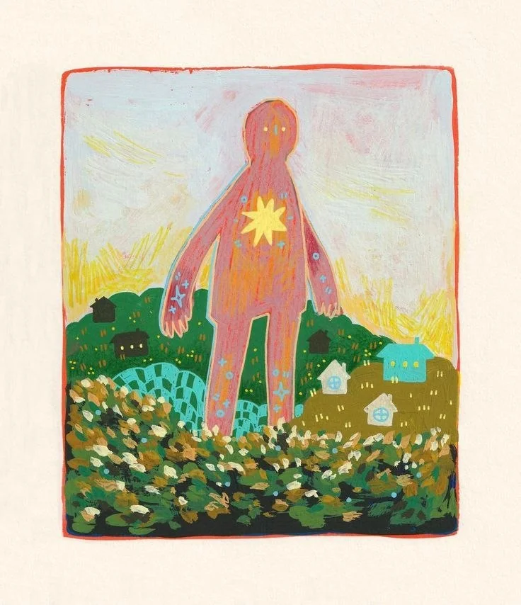 A painting of a figure standing in a garden with a sun on its chest.