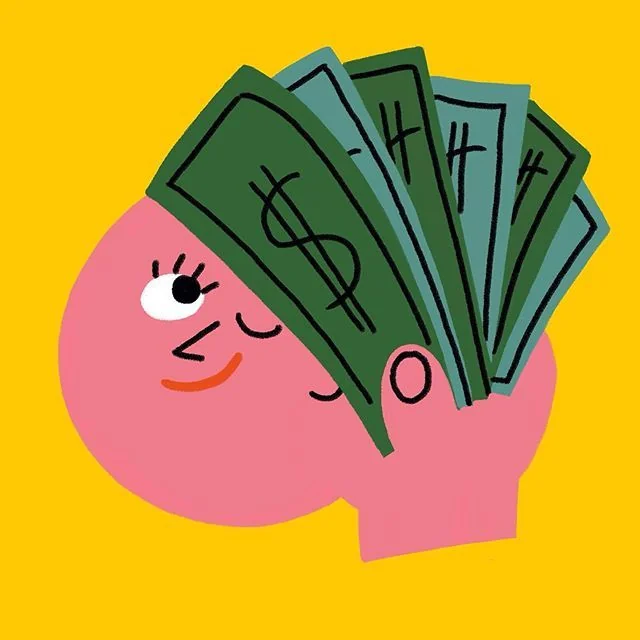 A pink piggy bank with a fan of dollar bills.