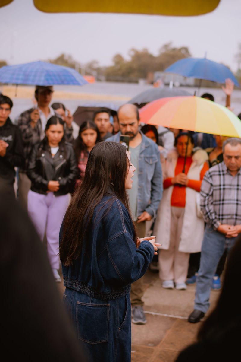 A crowd of people holding umbrellas listens to a speaker outdoors.